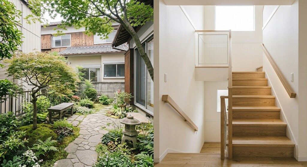 戸建ての庭と室内階段
